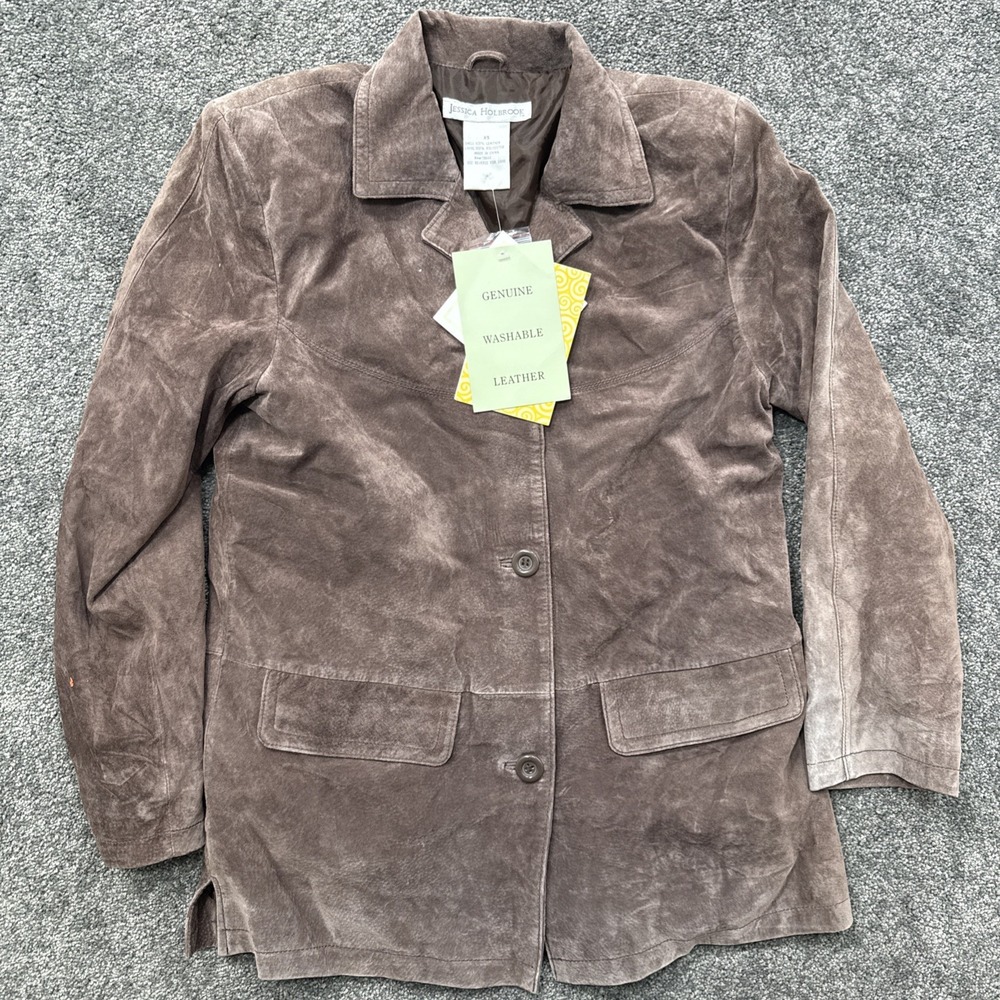 Womens Jessica Holbrook Leather Suede Lightweight Jacket Coat Button Front Brown